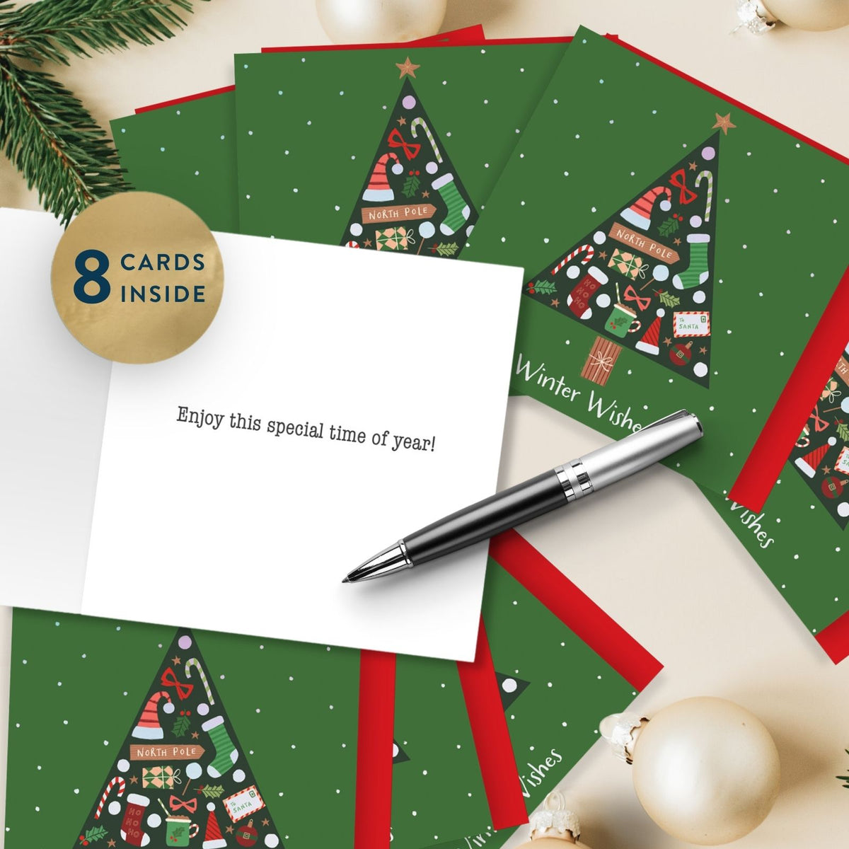 Box Of 8 Charity Christmas Cards Supporting Crisis Santa Icons In Tree Design