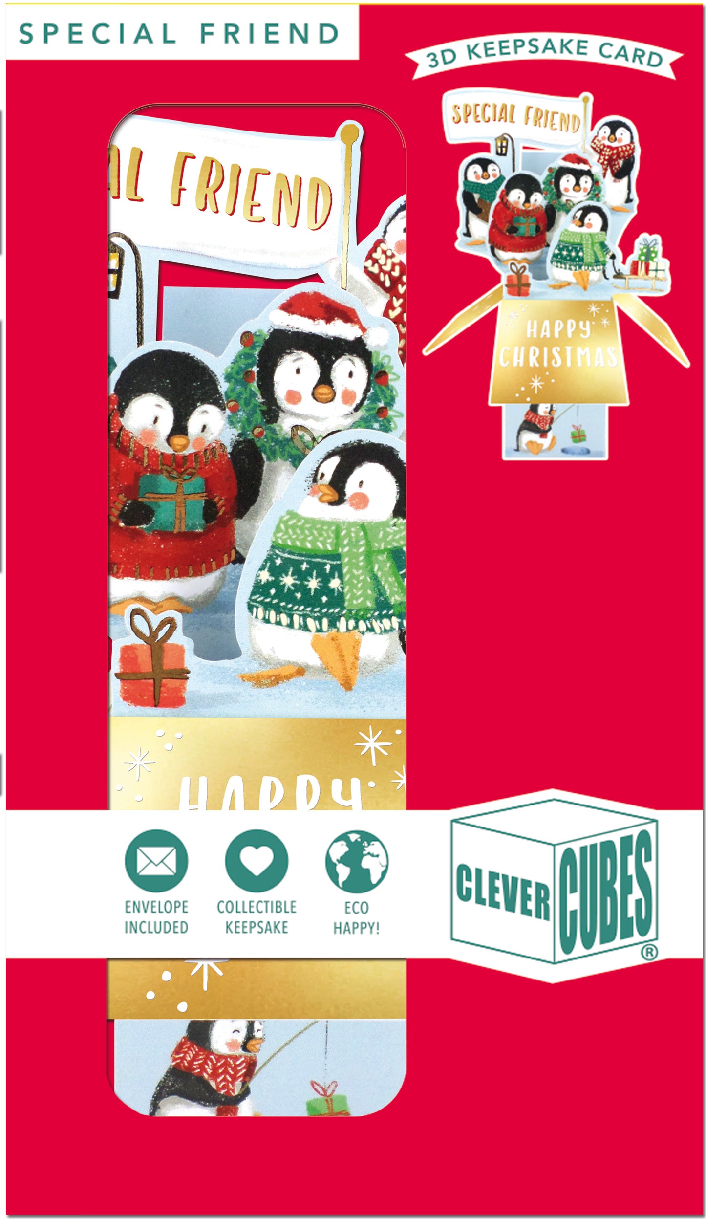 Clever Cubes Pop Up Special Friend Penguins Happy Christmas Card 3D Xmas Card