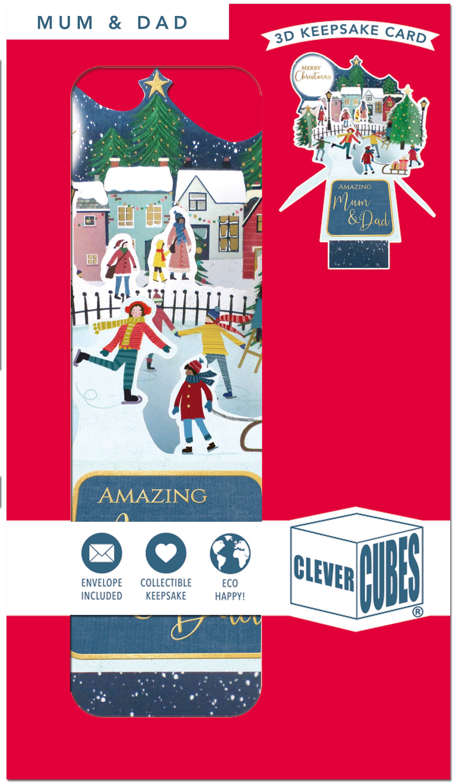 Clever Cubes Pop Up Amazing Mum & Dad Skating Fun Christmas Card 3D Xmas Card