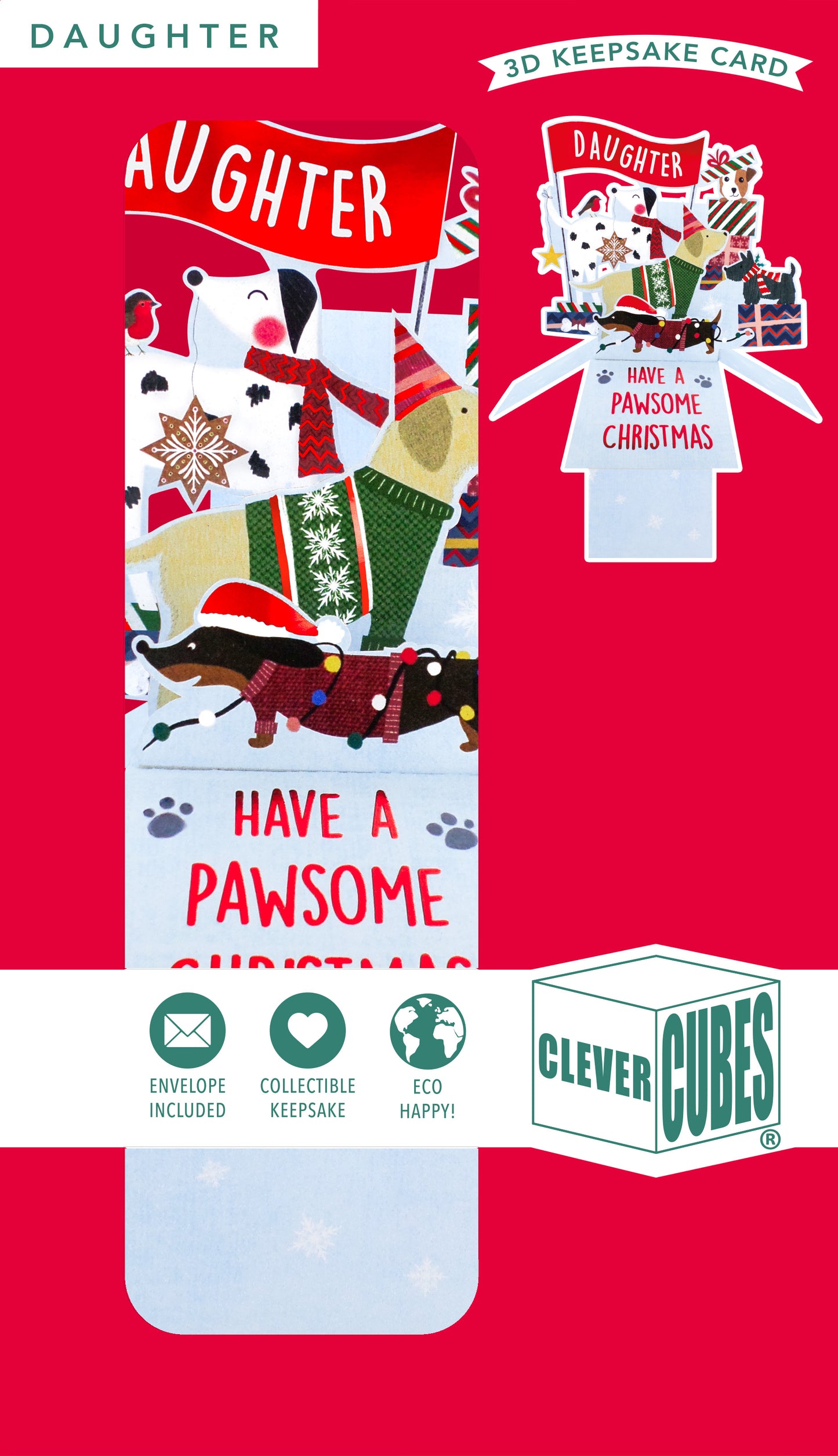 Clever Cubes Pop Up Daughter Pawsome Dogs Fun Christmas Card 3D Xmas Card