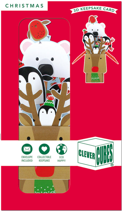 Clever Cubes Pop Up Reindeer, Bear & Penguins Fun Christmas Card 3D Xmas Card