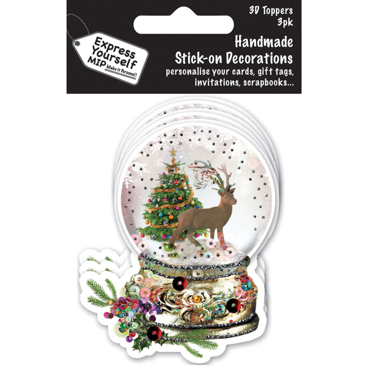 Pack Of 3 Christmas Toppers Stick-On Decorations Crafting  Snow Globe Design
