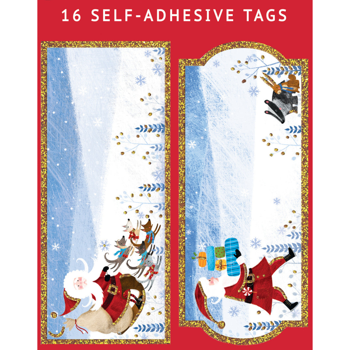 Pack Of 8 Christmas Self Adhesive Glitter Gift Tags Festive Santa Design