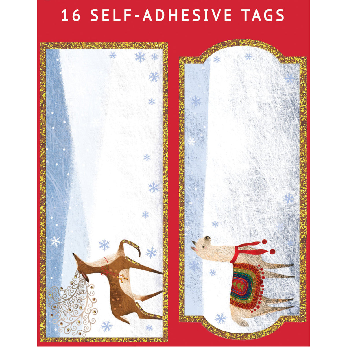 Pack Of 8 Christmas Self Adhesive Glitter Gift Tags Reindeer & Llama Design