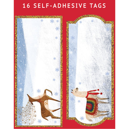 Pack Of 8 Christmas Self Adhesive Glitter Gift Tags Reindeer & Llama Design