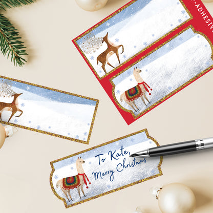Pack Of 8 Christmas Self Adhesive Glitter Gift Tags Reindeer & Llama Design