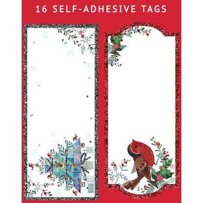 Pack Of 8 Christmas Self Adhesive Glitter Gift Tags Robin & Tree Design