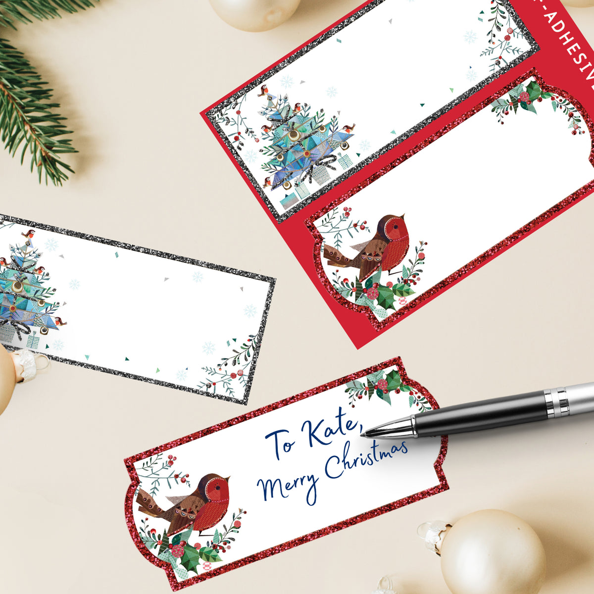 Pack Of 8 Christmas Self Adhesive Glitter Gift Tags Robin & Tree Design
