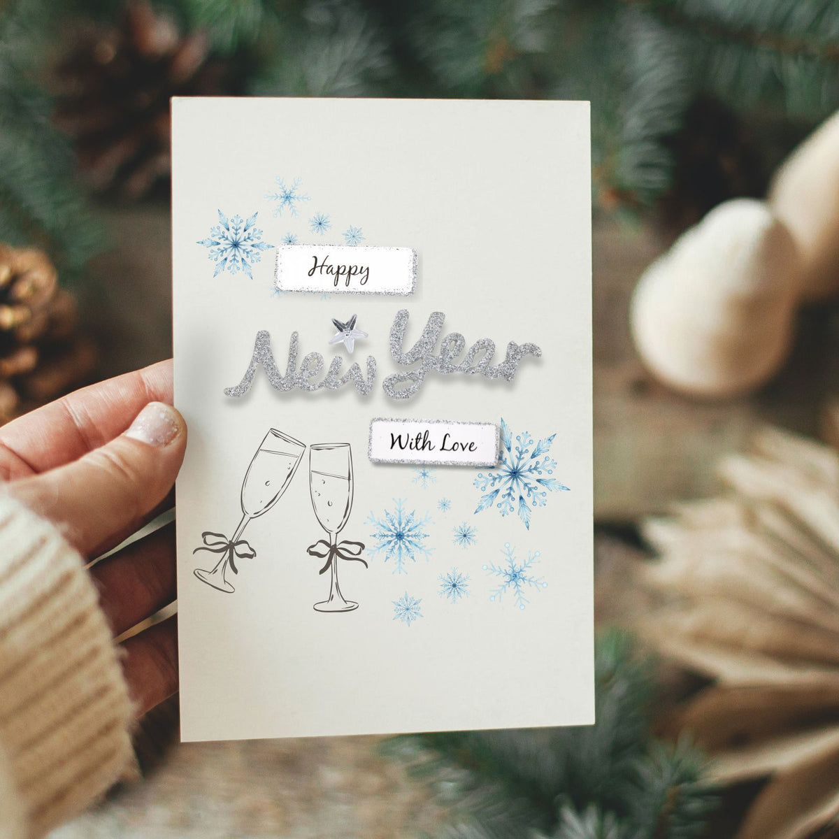 Silver Glitter Christmas Card Topper Happy New Year With Love Crafting Gifting