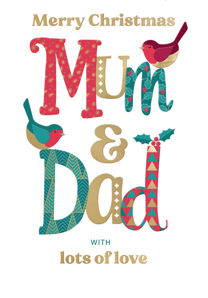 Merry Christmas Mum & Dad Festive Cheer Robins Christmas Greeting Card