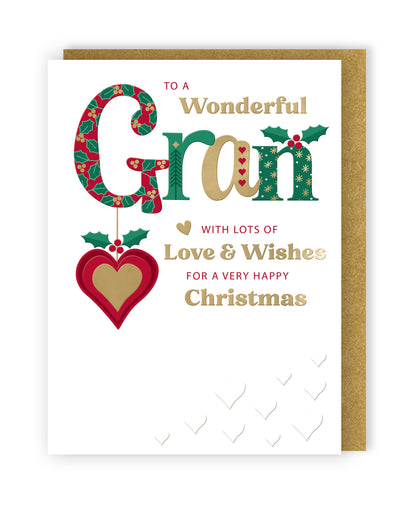 To A Wonderful Gran Festive Joy Heart Bauble Christmas Greeting Card