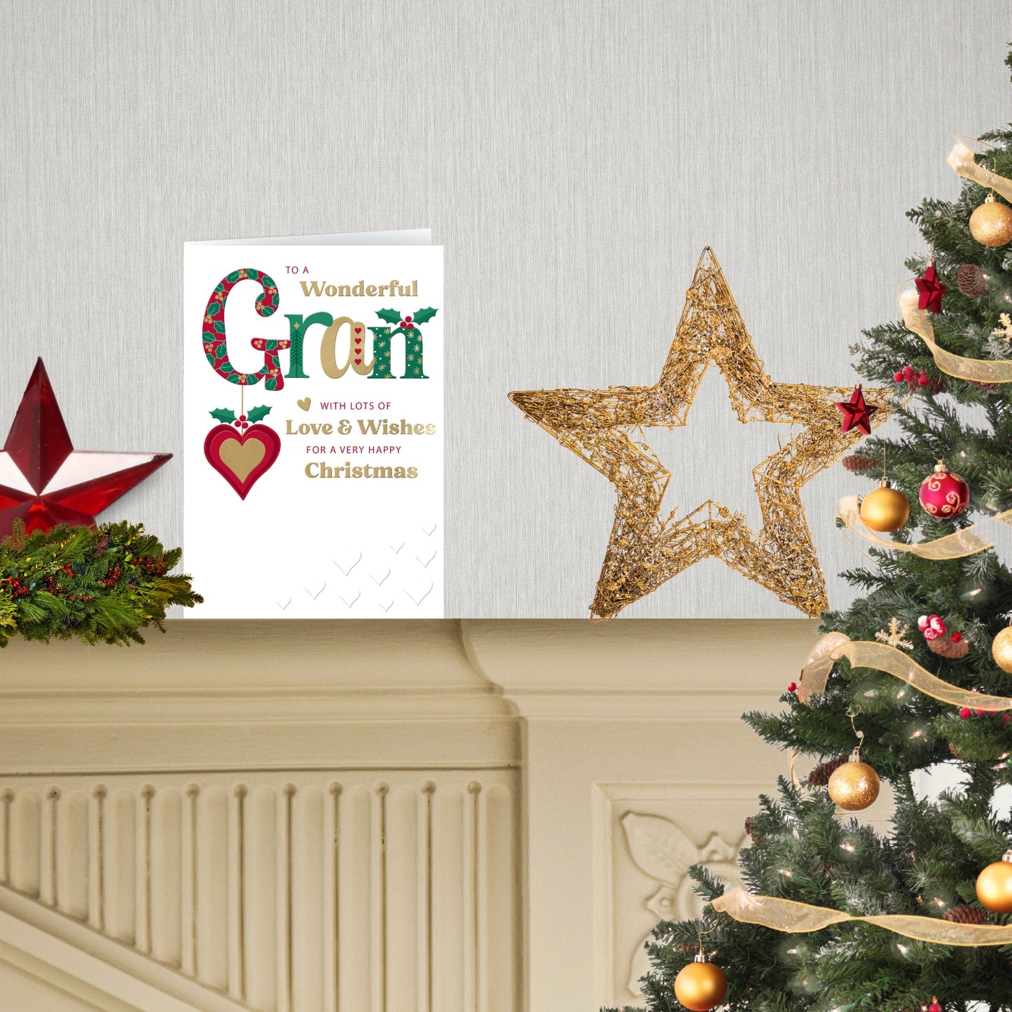 To A Wonderful Gran Festive Joy Heart Bauble Christmas Greeting Card