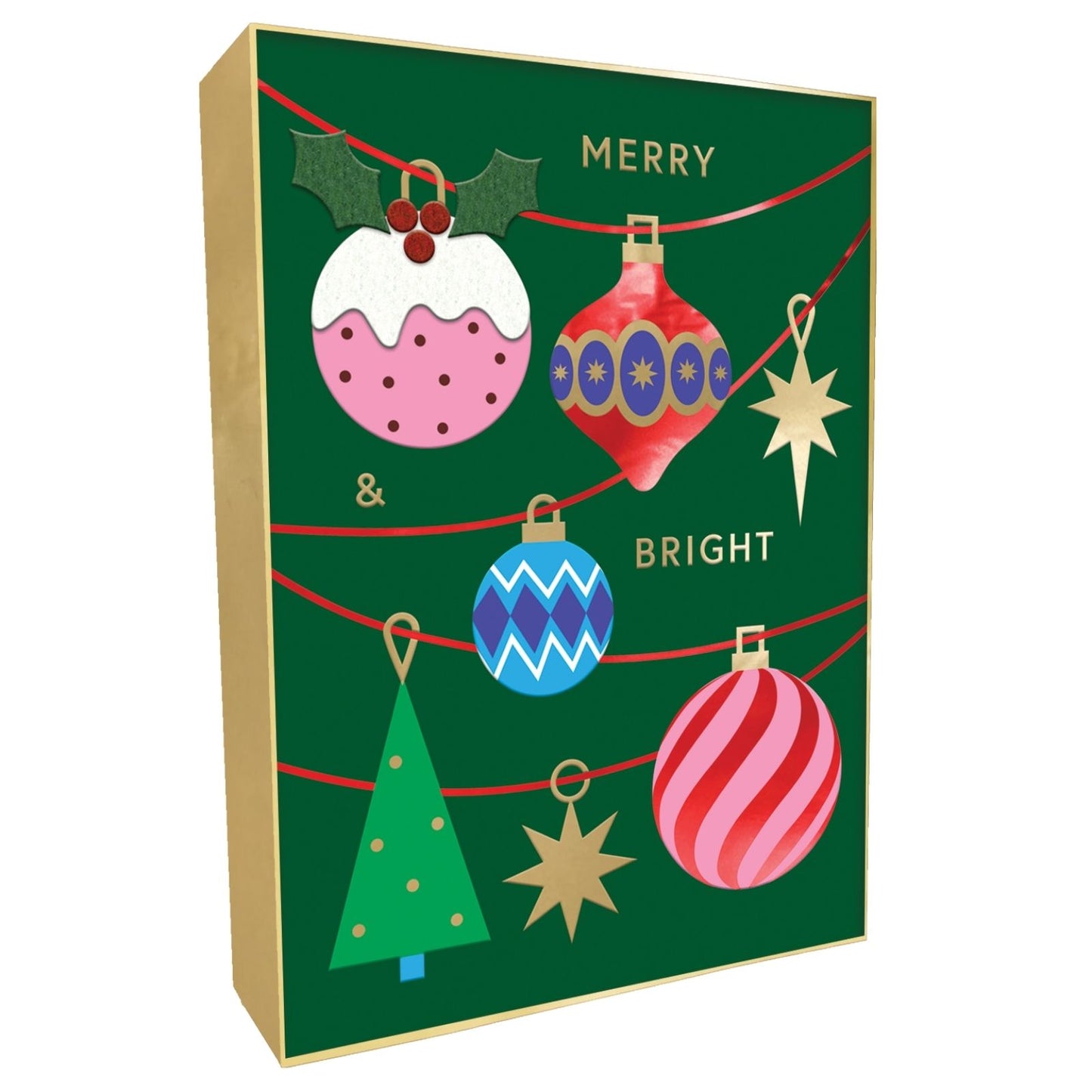 Box Of 4 Luxury Christmas Cards Merry & Bright Baubles Hand-Finished Fir & Felt Range