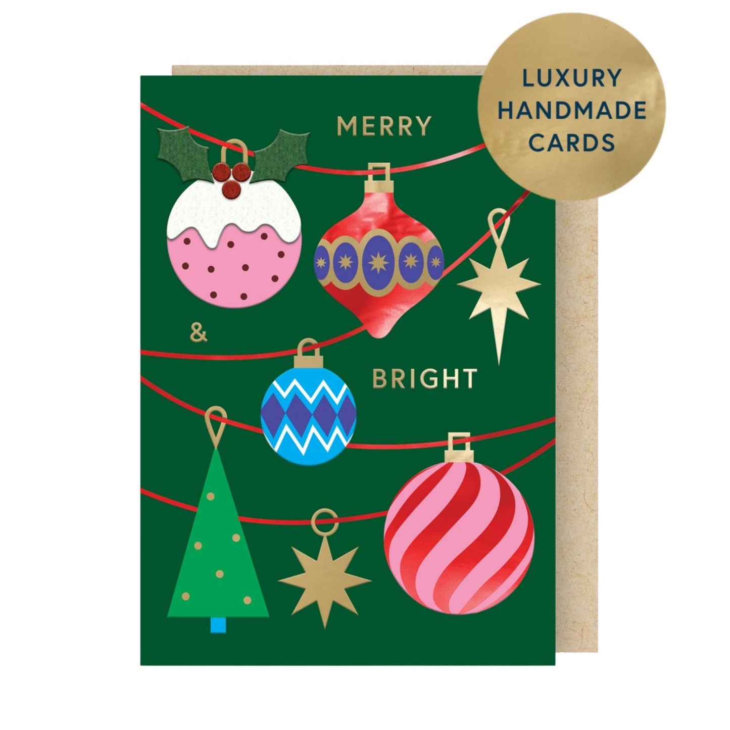 Box Of 4 Luxury Christmas Cards Merry & Bright Baubles Hand-Finished Fir & Felt Range