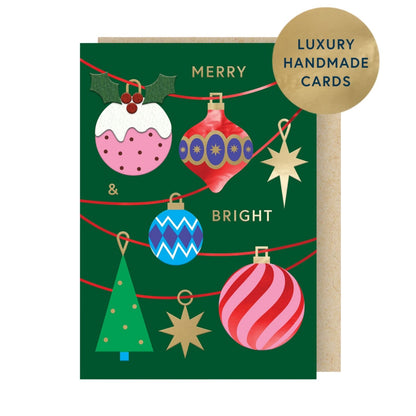 Box Of 4 Luxury Christmas Cards Merry & Bright Baubles Hand-Finished Fir & Felt Range