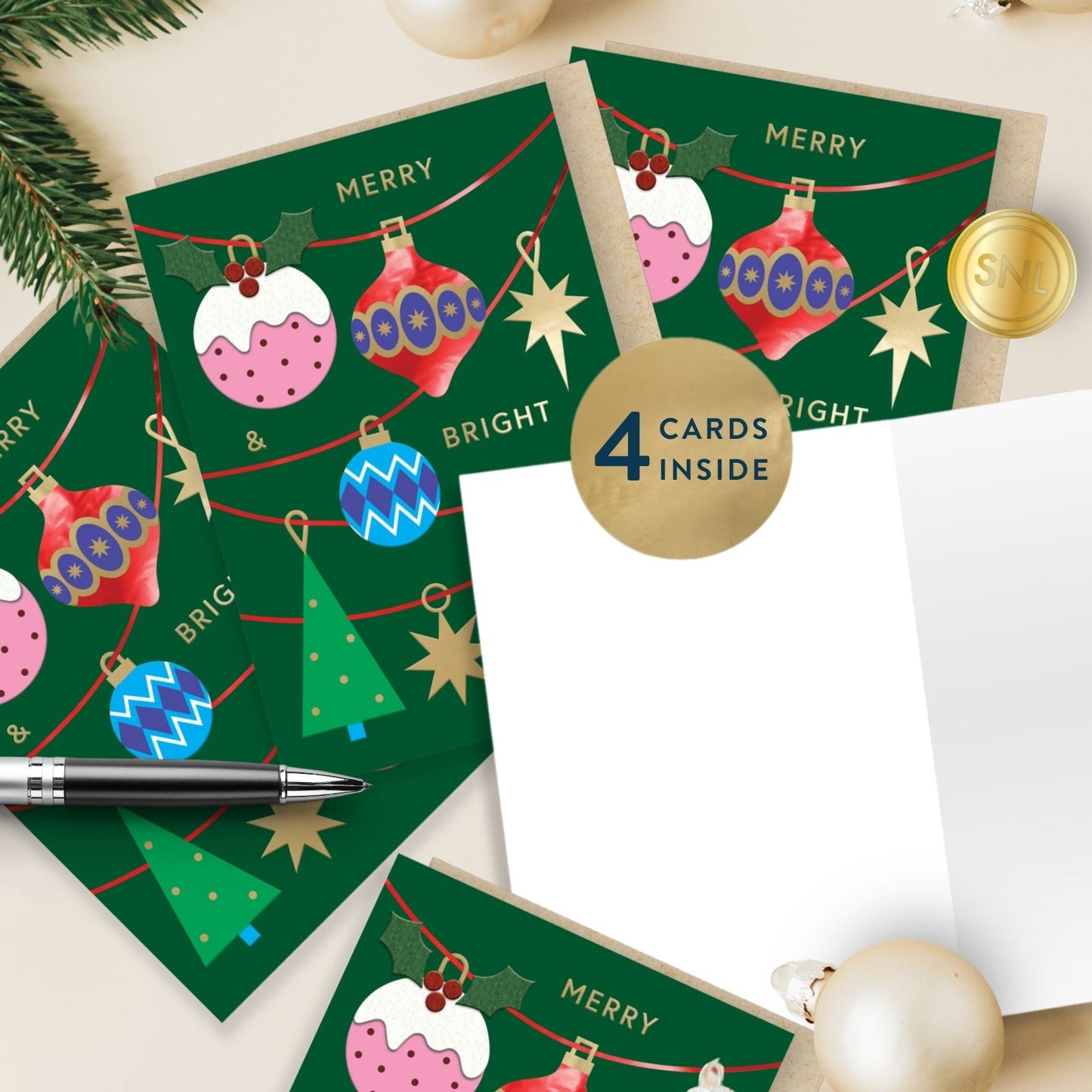 Box Of 4 Luxury Christmas Cards Merry & Bright Baubles Hand-Finished Fir & Felt Range