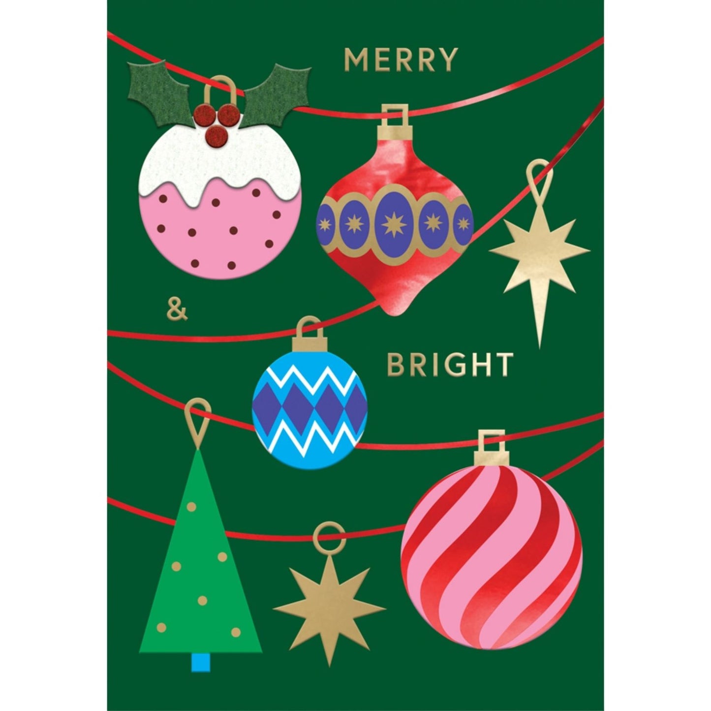 Hand-Finished Christmas Card Merry & Bright Baubles Luxury Fir & Felt Range