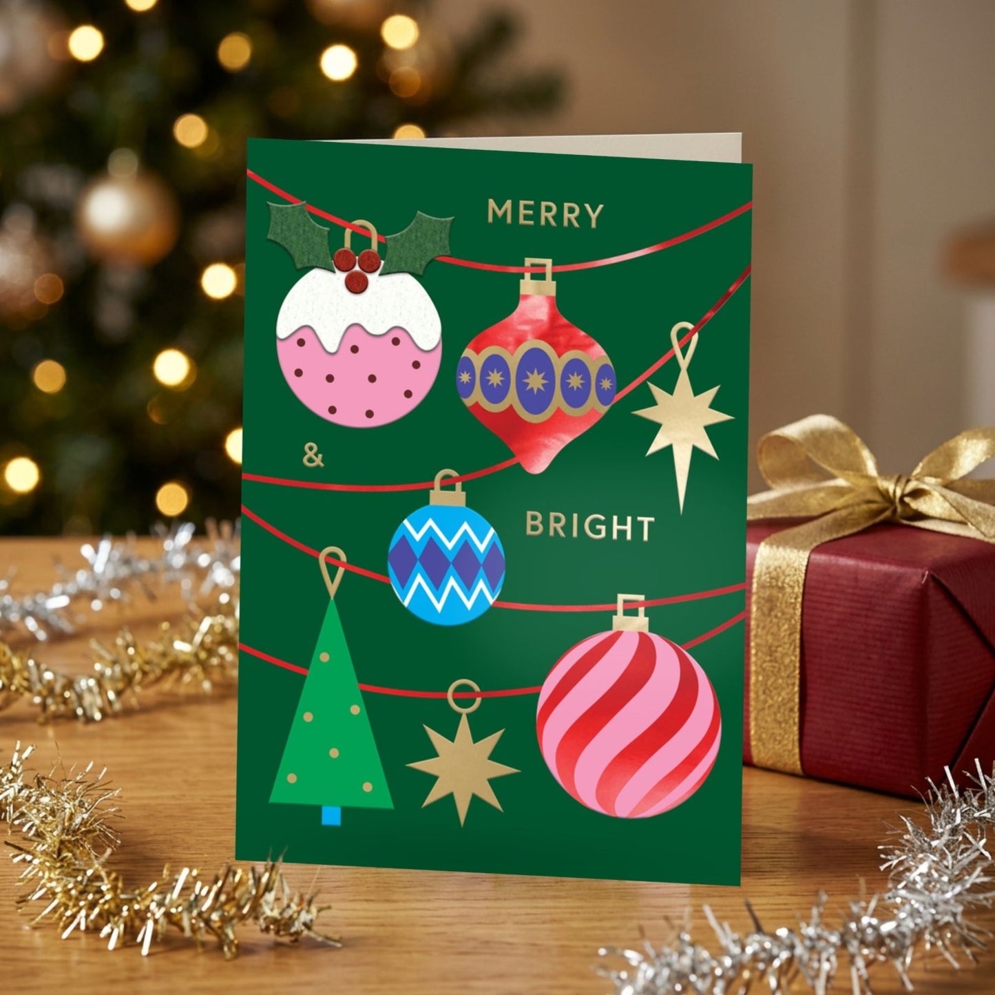 Hand-Finished Christmas Card Merry & Bright Baubles Luxury Fir & Felt Range