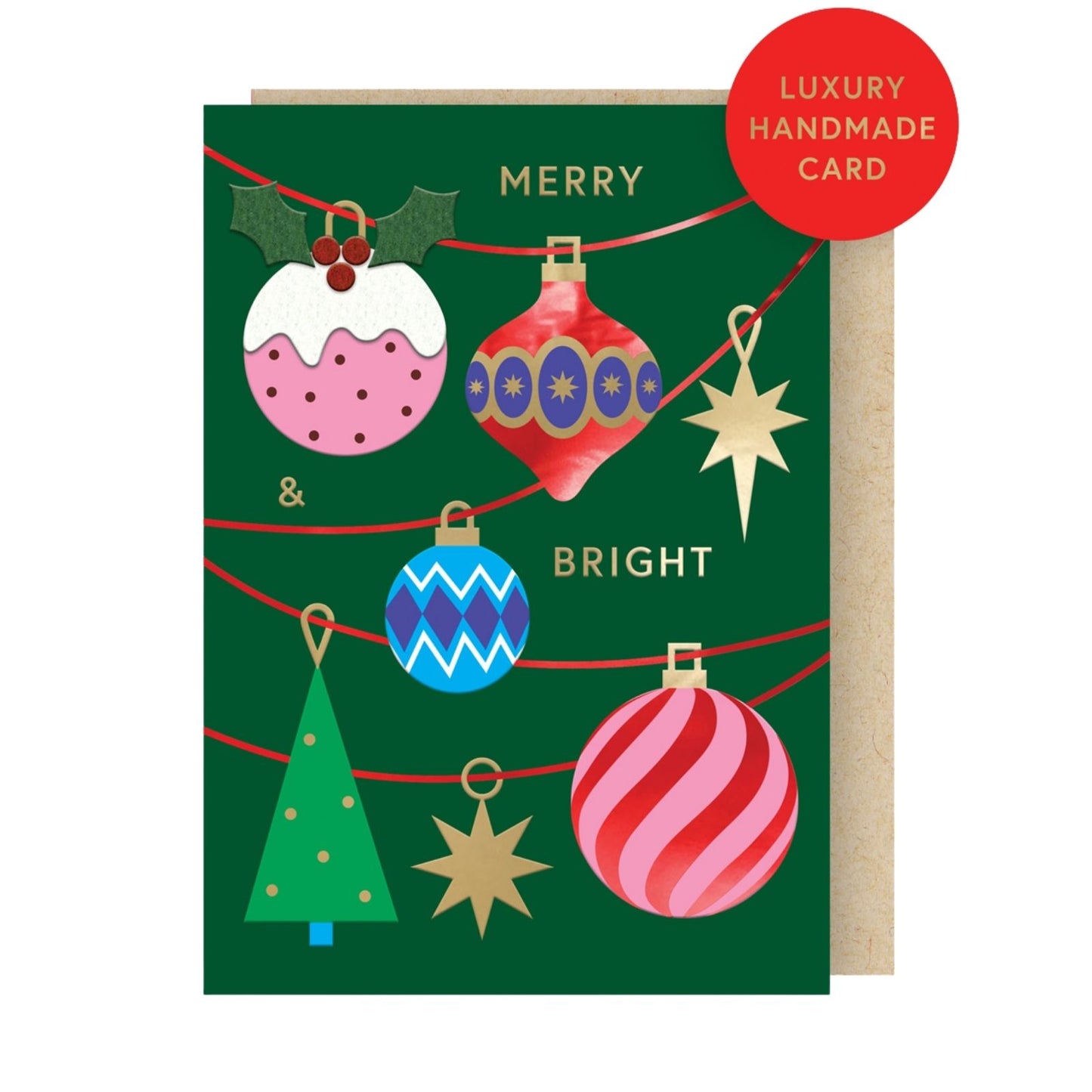 Hand-Finished Christmas Card Merry & Bright Baubles Luxury Fir & Felt Range