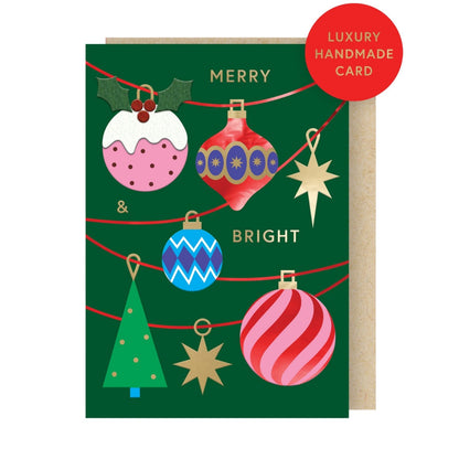 Hand-Finished Christmas Card Merry & Bright Baubles Luxury Fir & Felt Range