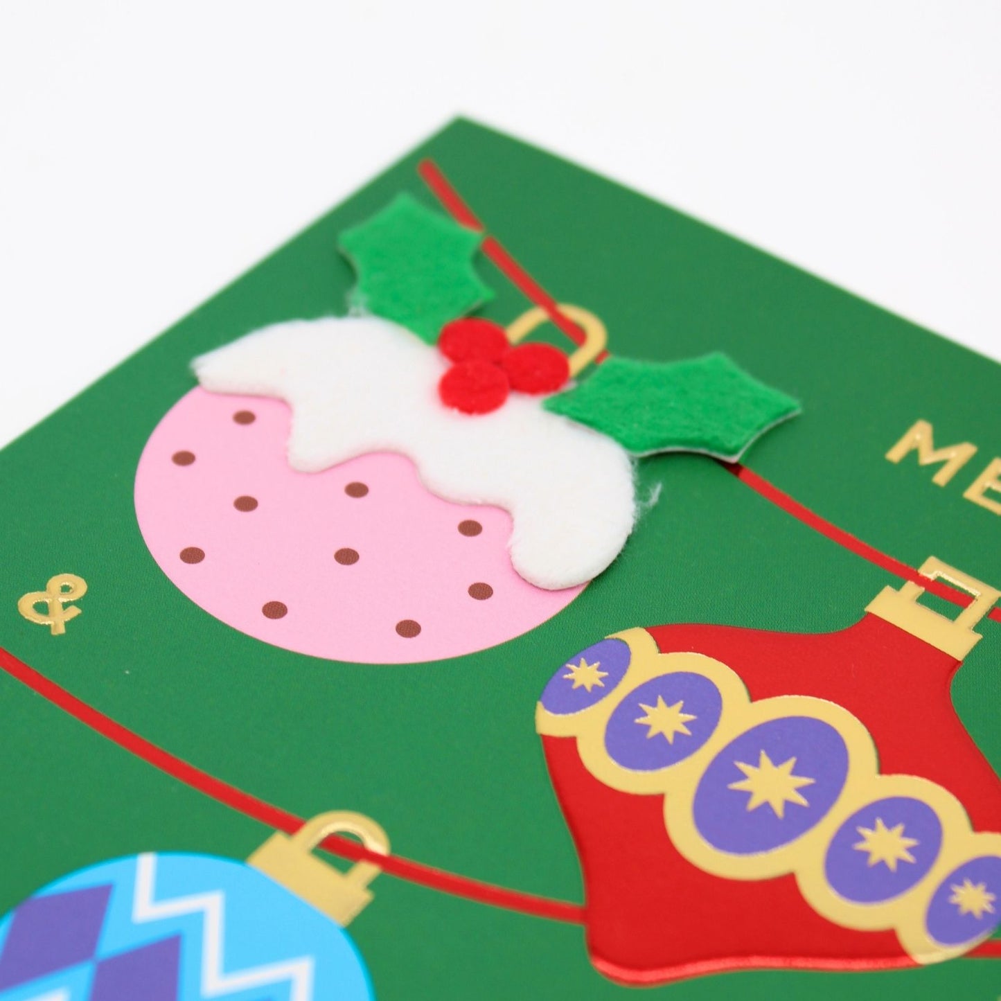 Hand-Finished Christmas Card Merry & Bright Baubles Luxury Fir & Felt Range