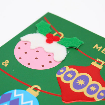 Hand-Finished Christmas Card Merry & Bright Baubles Luxury Fir & Felt Range