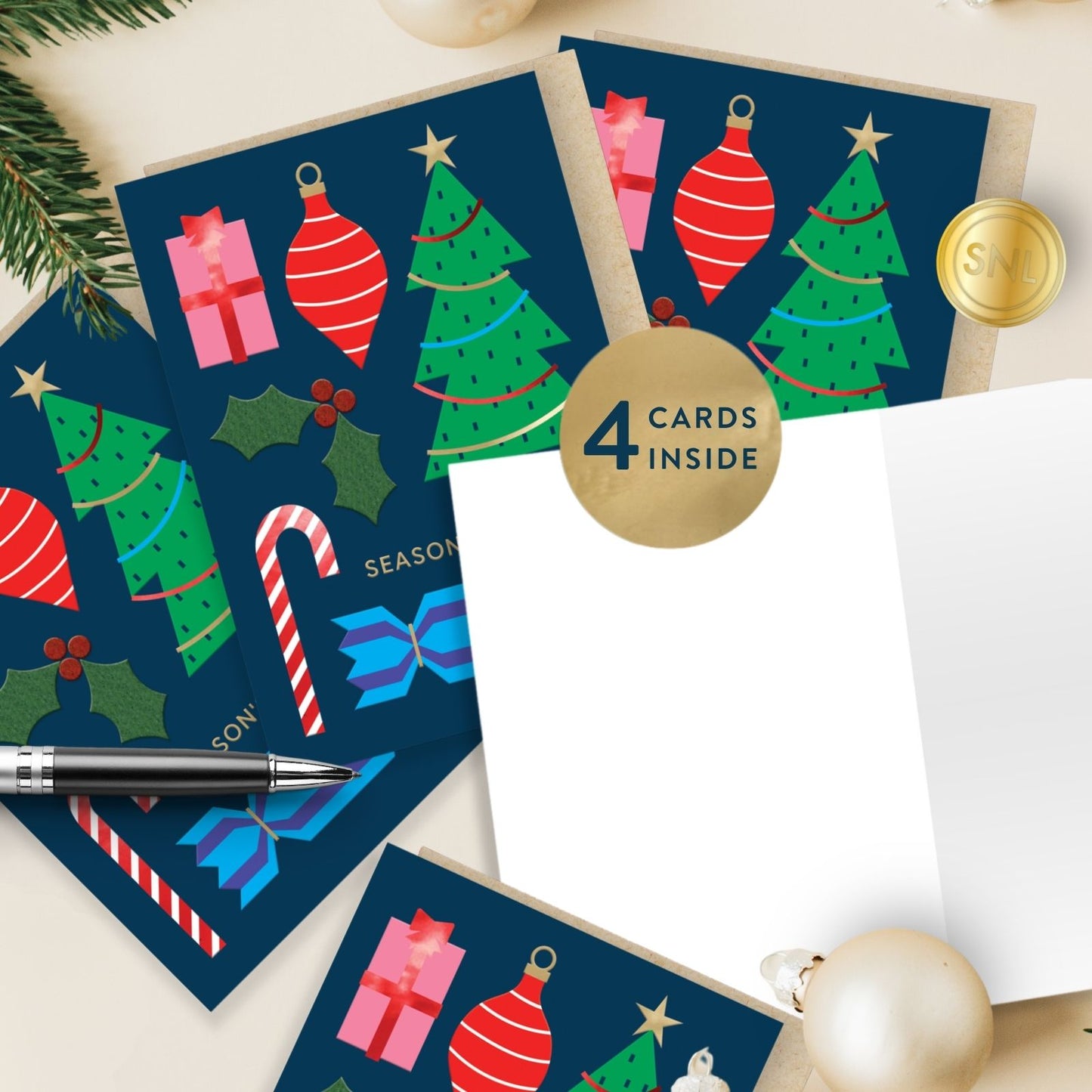 Box Of 4 Luxury Christmas Cards Seasons Greetings Hand-Finished Fir & Felt Range