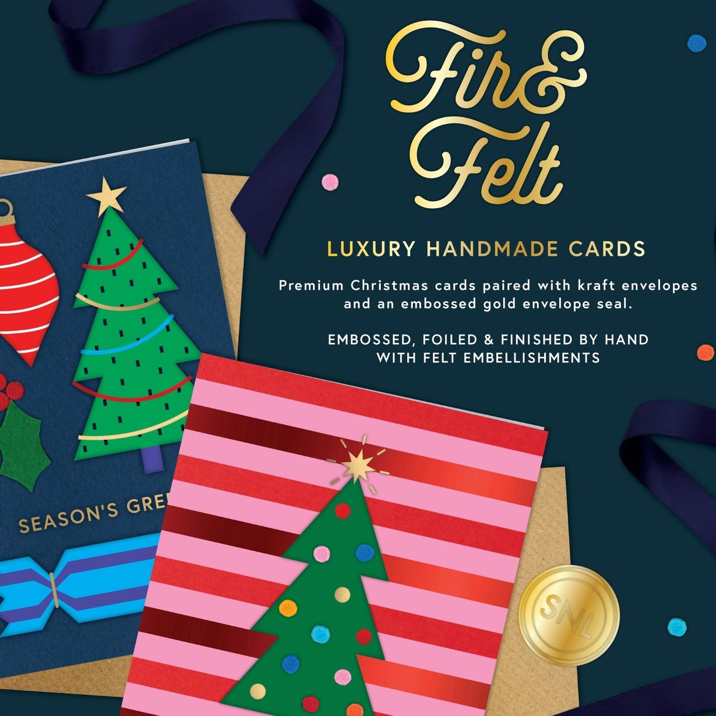 Box Of 4 Luxury Christmas Cards Xmas Tree Hand-Finished Fir & Felt Range