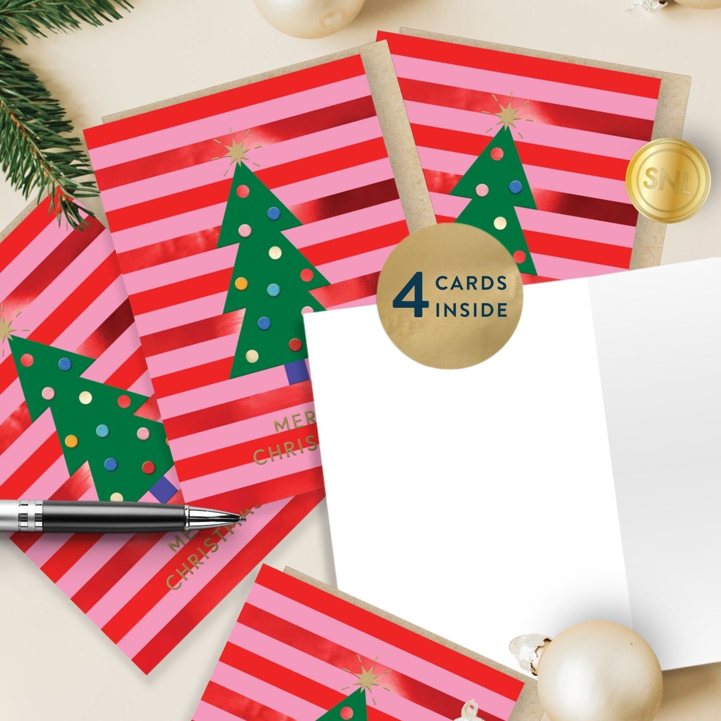 Box Of 4 Luxury Christmas Cards Xmas Tree Hand-Finished Fir & Felt Range