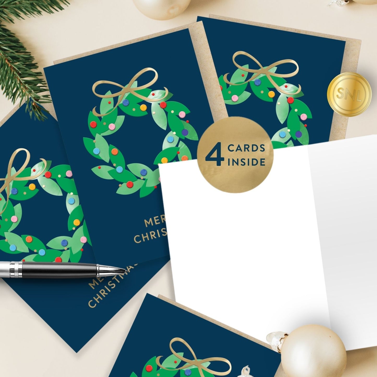 Box Of 4 Luxury Christmas Cards Festive Wreath Hand-Finished Fir & Felt Range
