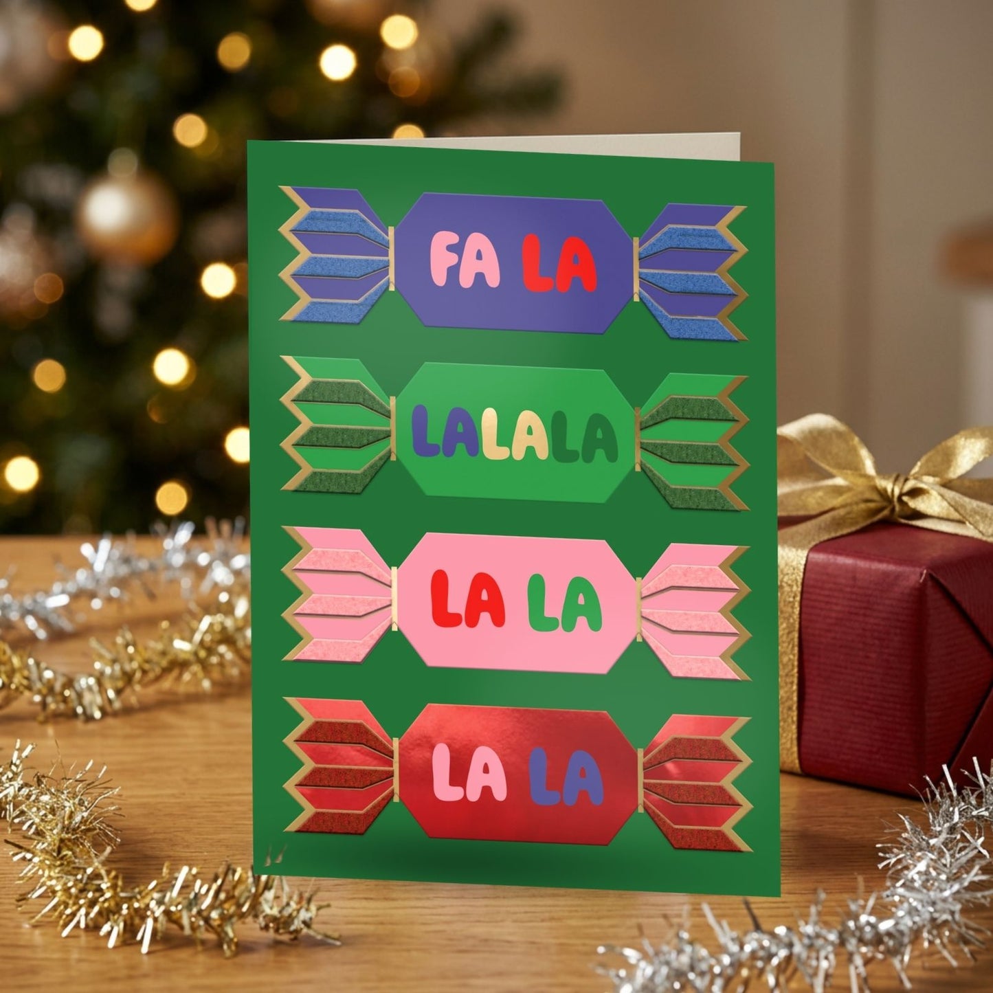 Box Of 4 Luxury Christmas Cards Fa La La Crackers Hand-Finished Fir & Felt Range