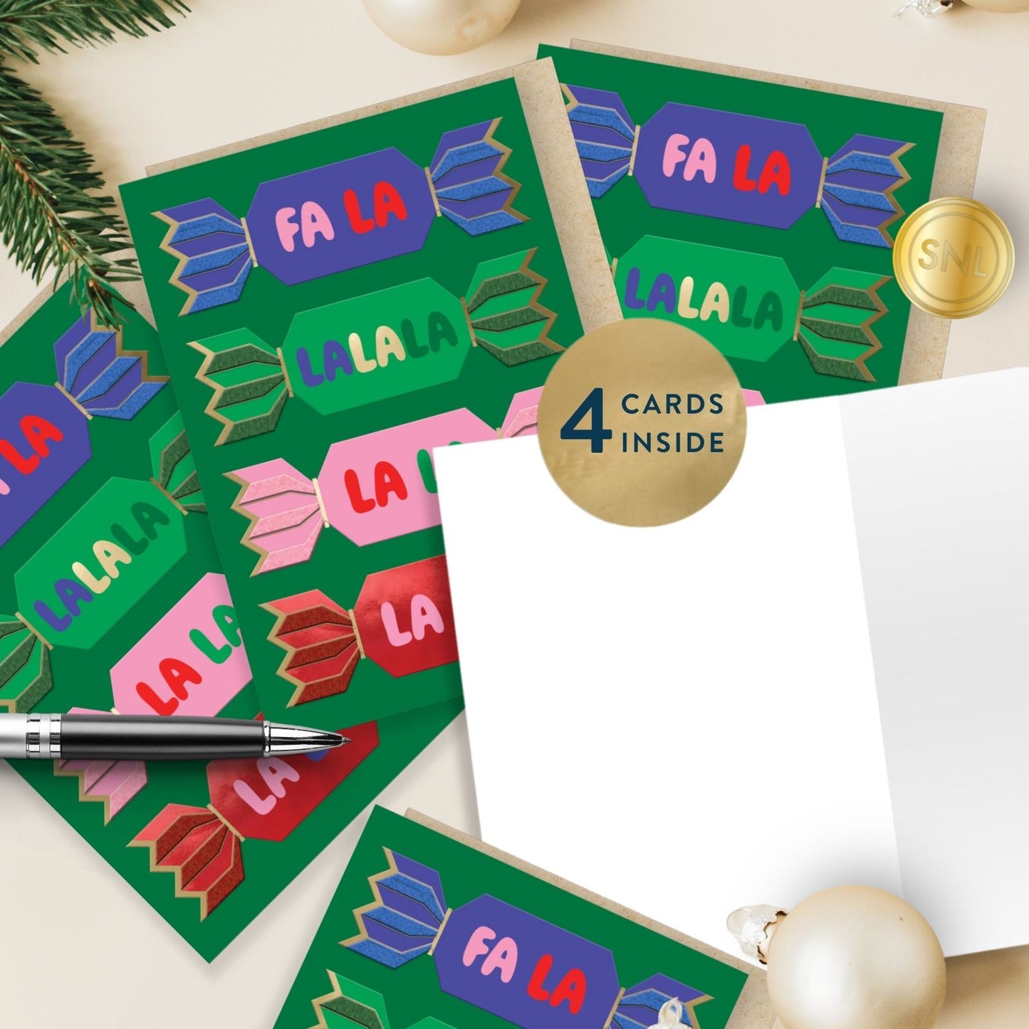 Box Of 4 Luxury Christmas Cards Fa La La Crackers Hand-Finished Fir & Felt Range