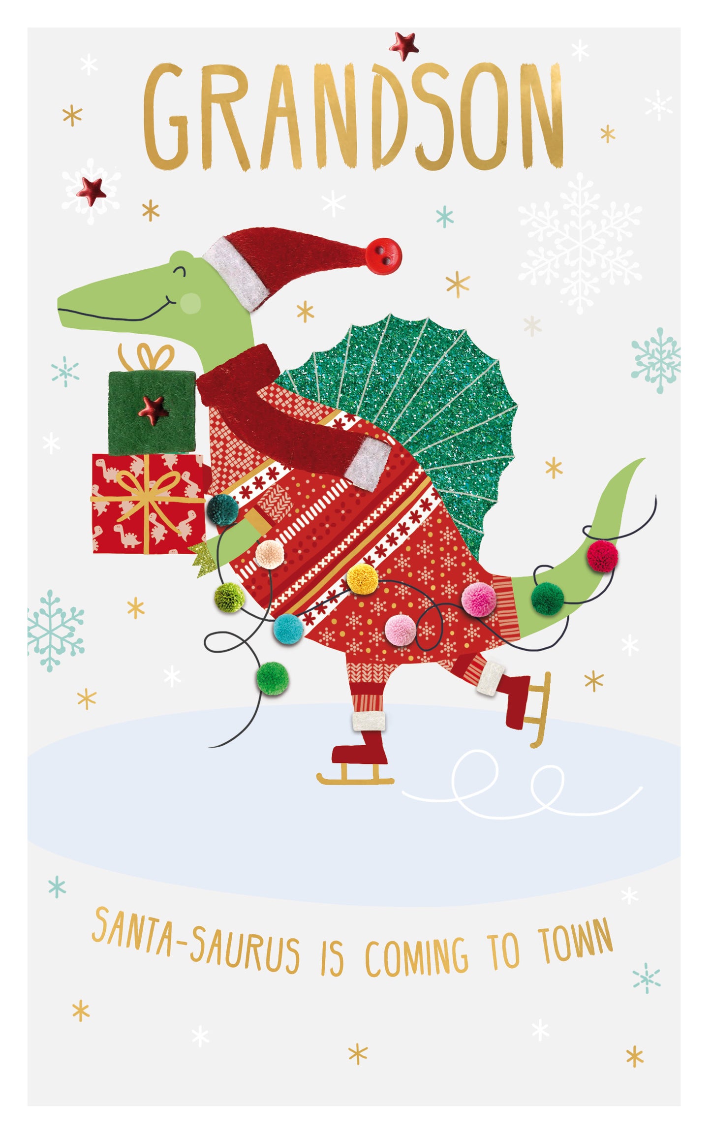 Grandson Santa-Saurus Felt-Tastic Dino Fun Hand-Finished Christmas Greeting Card