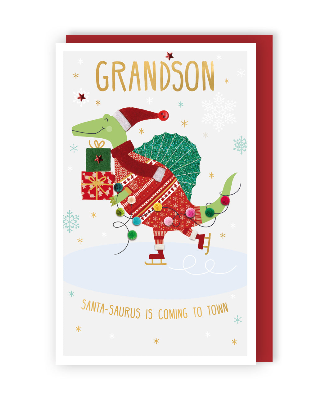 Grandson Santa-Saurus Felt-Tastic Dino Fun Hand-Finished Christmas Greeting Card