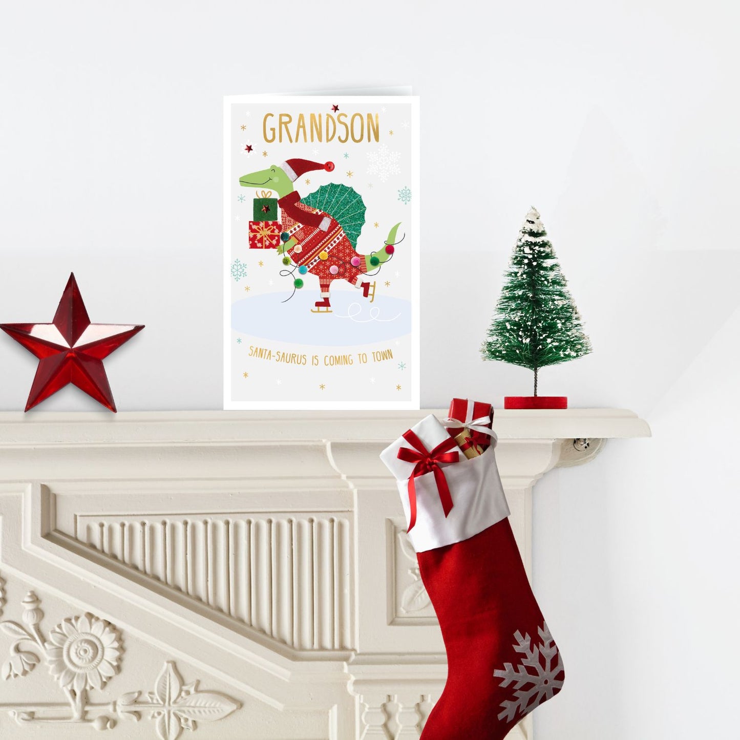 Grandson Santa-Saurus Felt-Tastic Dino Fun Hand-Finished Christmas Greeting Card