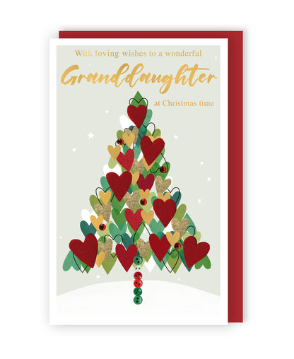Granddaughter Felt-Tastic Tree Of Hearts Hand-Finished Christmas Greeting Card