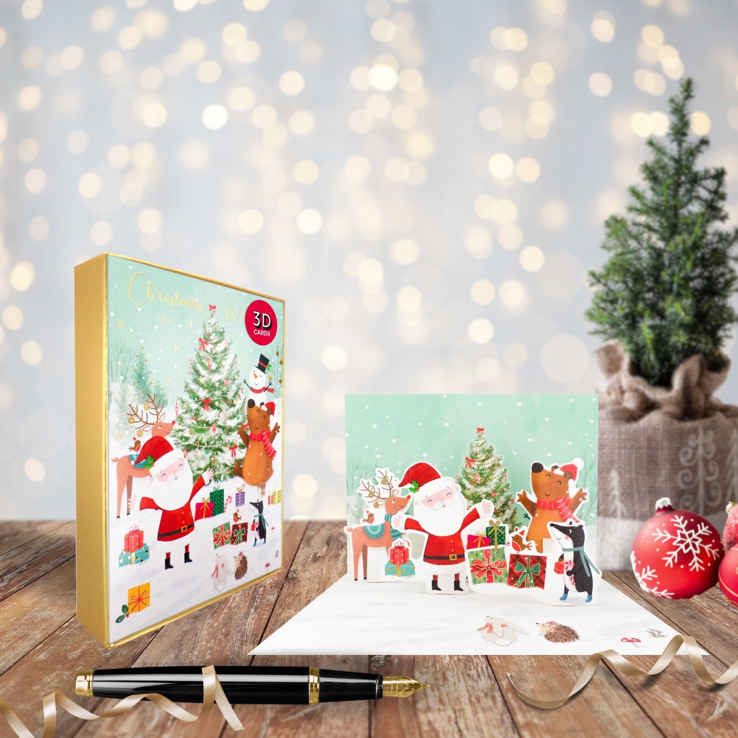 Box Of 5 Pop Up 3D Santa & Animals Christmas Cards Xmas Card Boxes