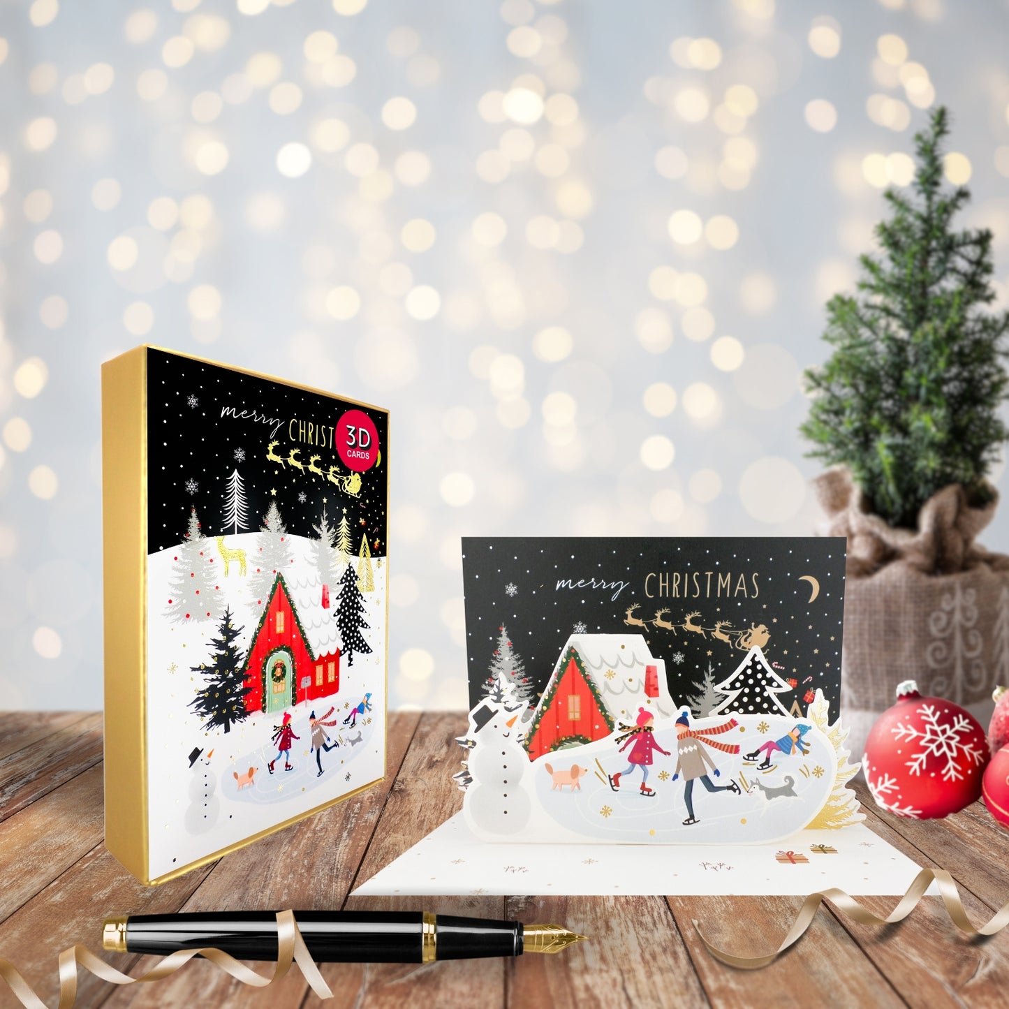Box Of 5 Pop Up 3D Ice Skaters Fun Christmas Cards Xmas Card Boxes