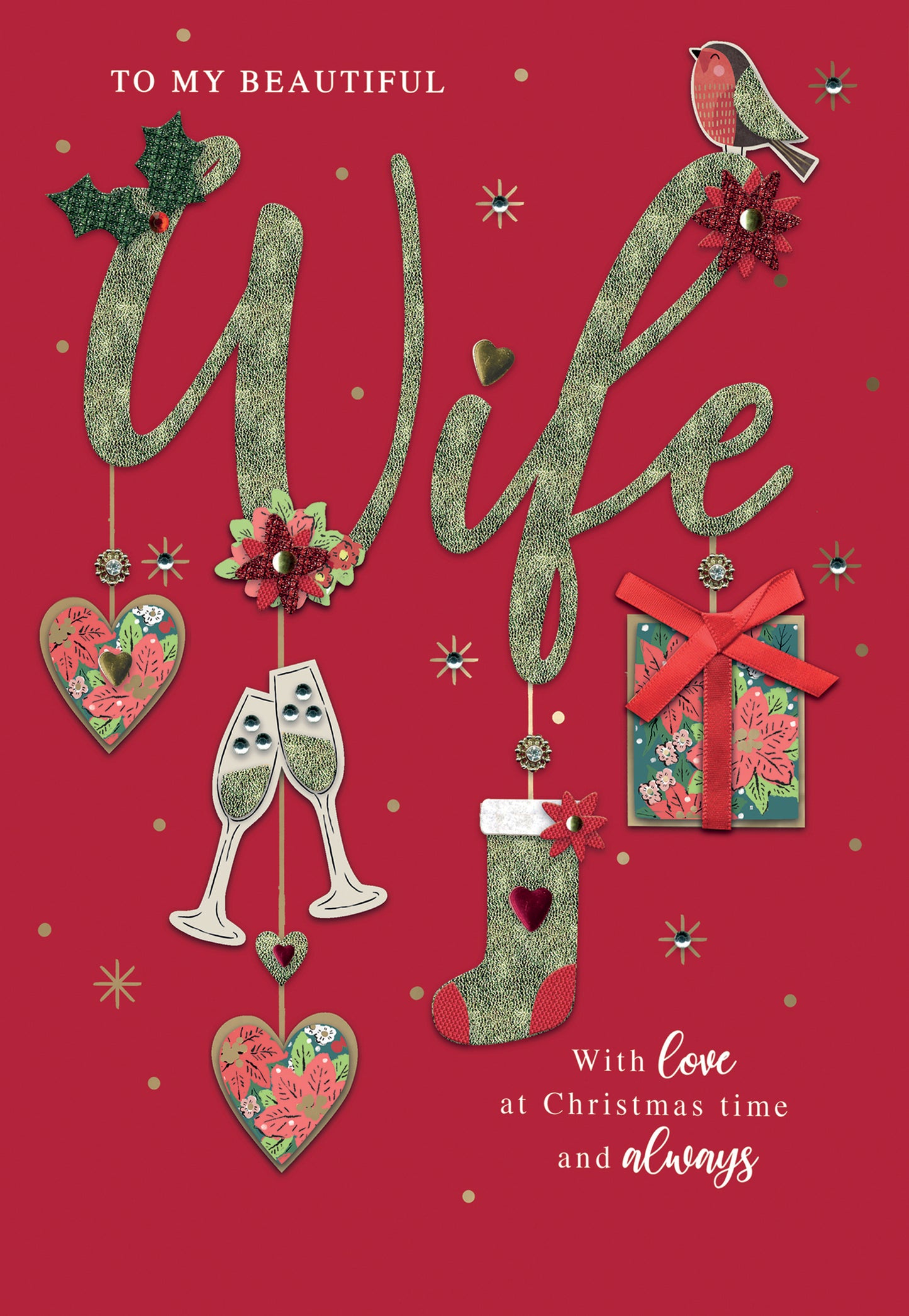 Embellished Beautiful Wife Luxury Lavish Keepsake Large Christmas Greeting Card