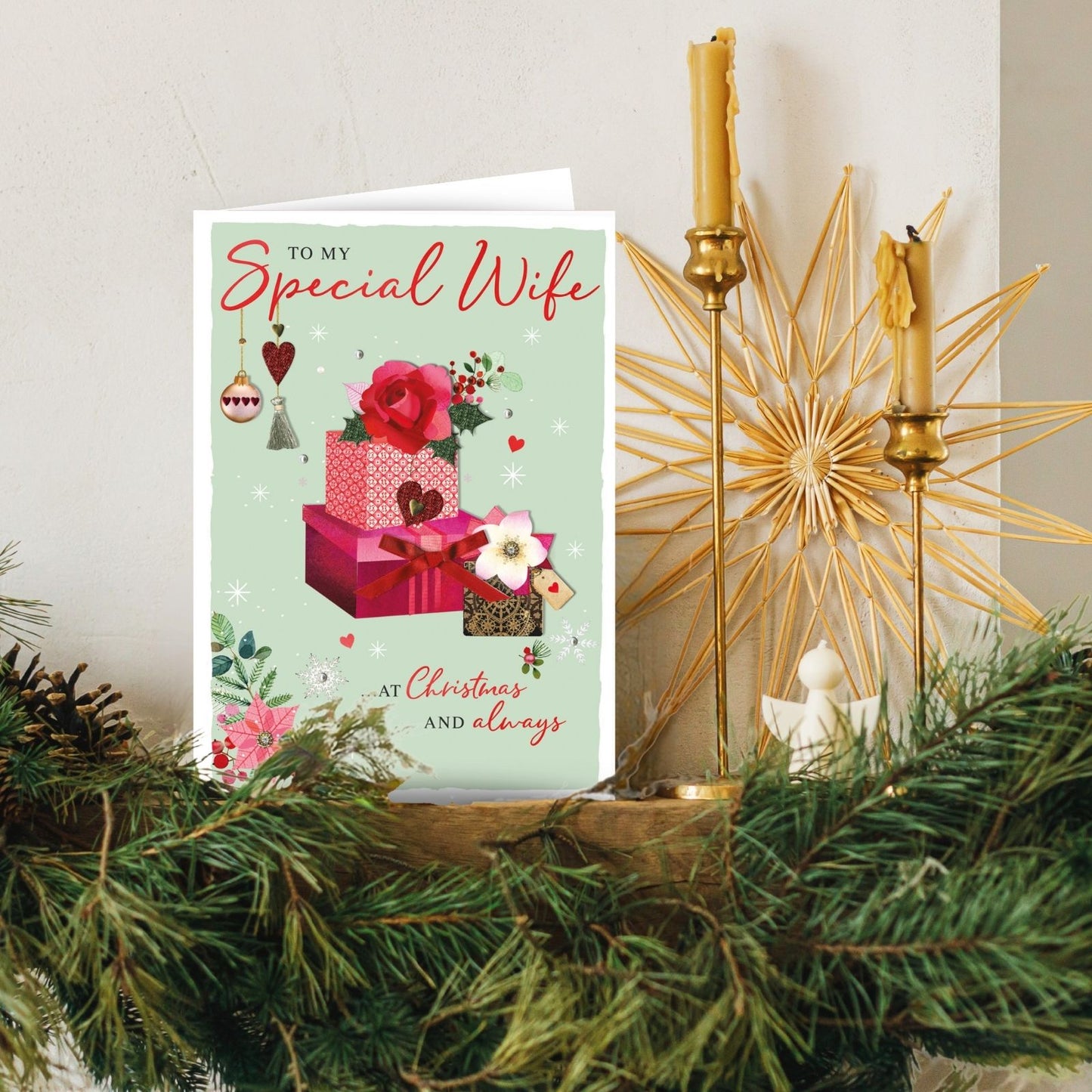 Wife Christmas Card Luxury Boxed Lavish Hand-Finished Embellished Festive Design