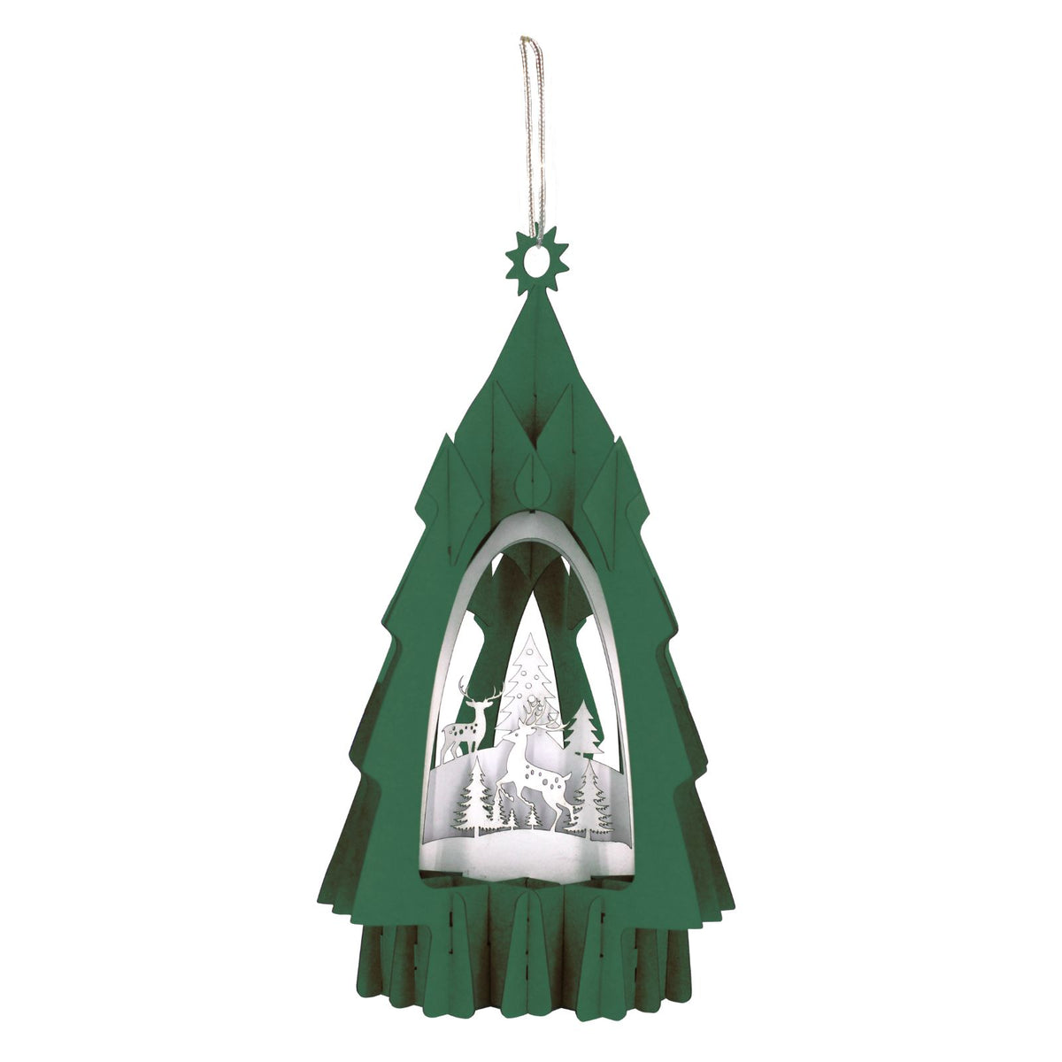 Green Tree 3D Laser Cut Christmas Card Hanging Tree Decoration Reindeer Detail