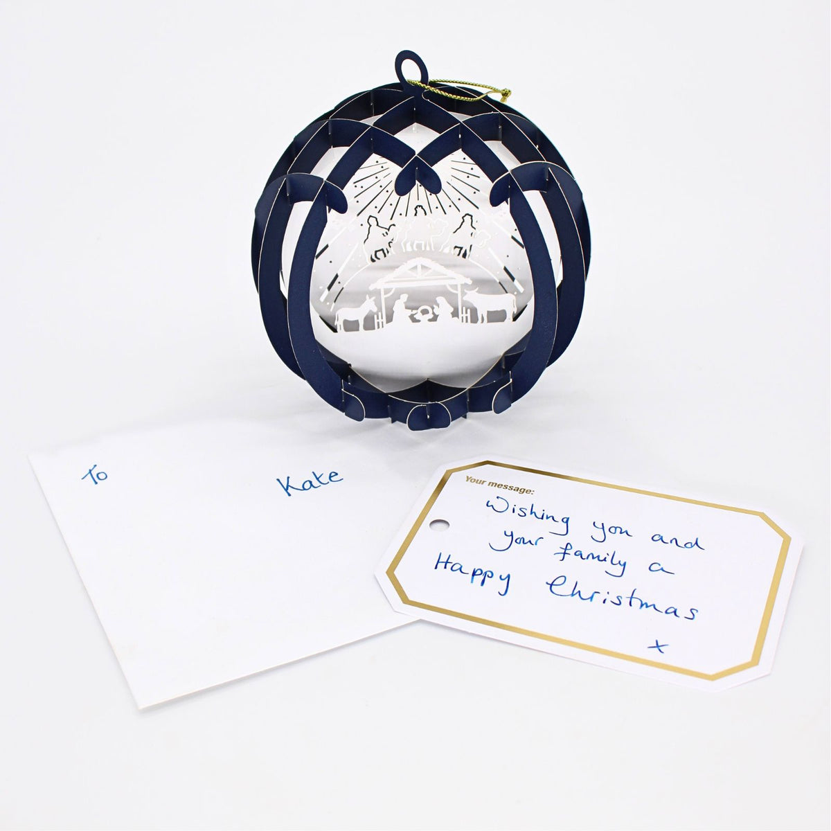 Blue Bauble 3D Laser Cut Christmas Card Hanging Tree Decoration Nativity Detail