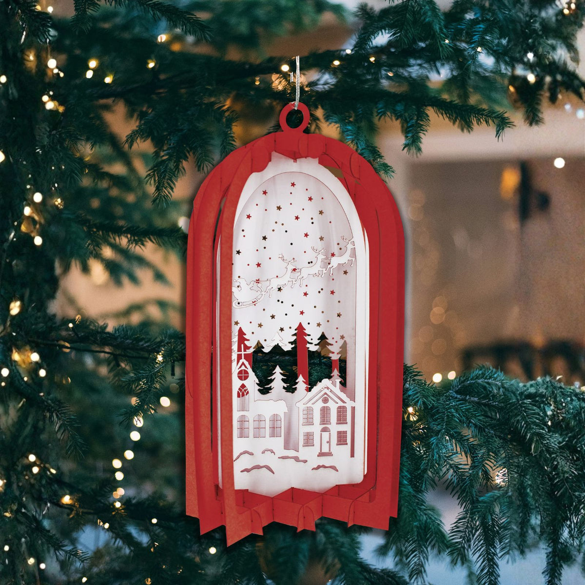 Red Lantern 3D Laser Cut Christmas Card Hanging Tree Decoration Santa Detail