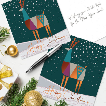 Box of 6 Reindeer Snowfall Luxury Hand-Finished Christmas Cards