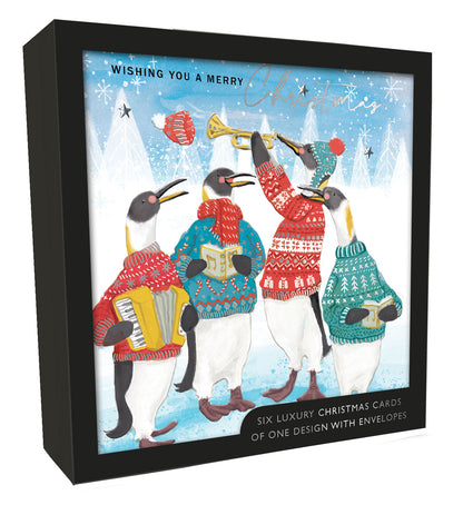 Box of 6 Penguin Carol Singers Luxury Hand-Finished Christmas Cards