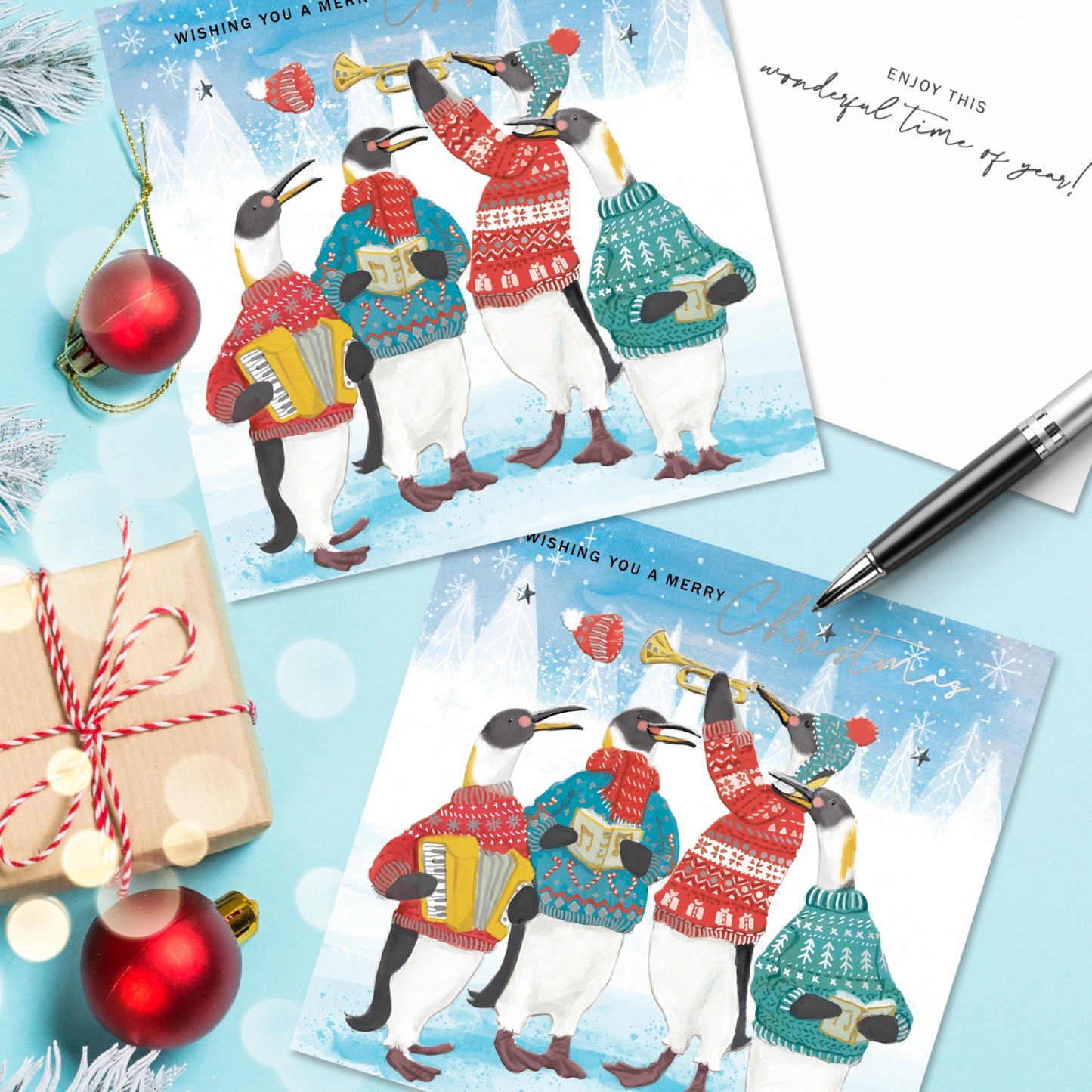 Box of 6 Penguin Carol Singers Luxury Hand-Finished Christmas Cards