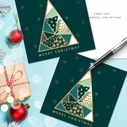 Box of 6 Gold Geometric Tree Luxury Hand-Finished Christmas Cards