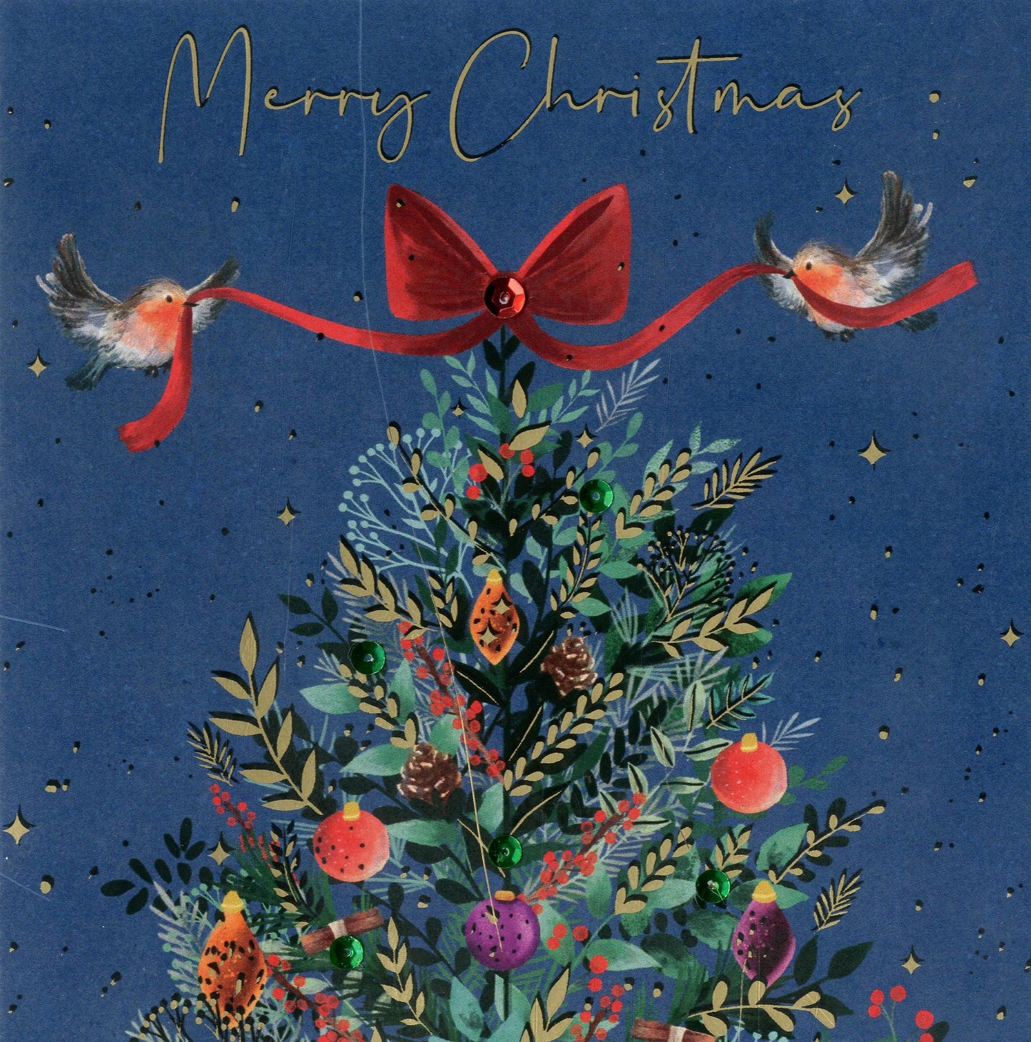 Sparkle Xmas Tree & Robins Embellished Hand-Finished Christmas Greeting Card