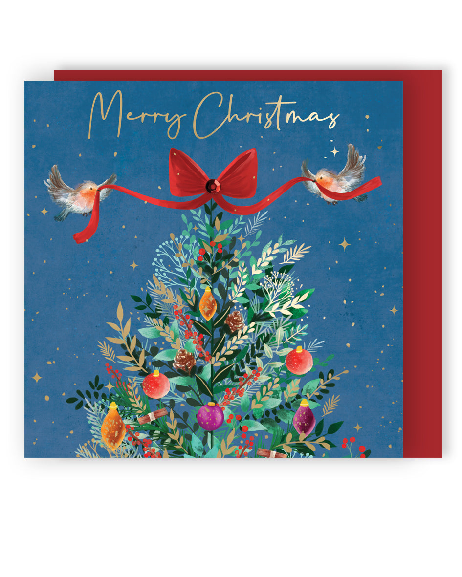Sparkle Xmas Tree & Robins Embellished Hand-Finished Christmas Greeting Card