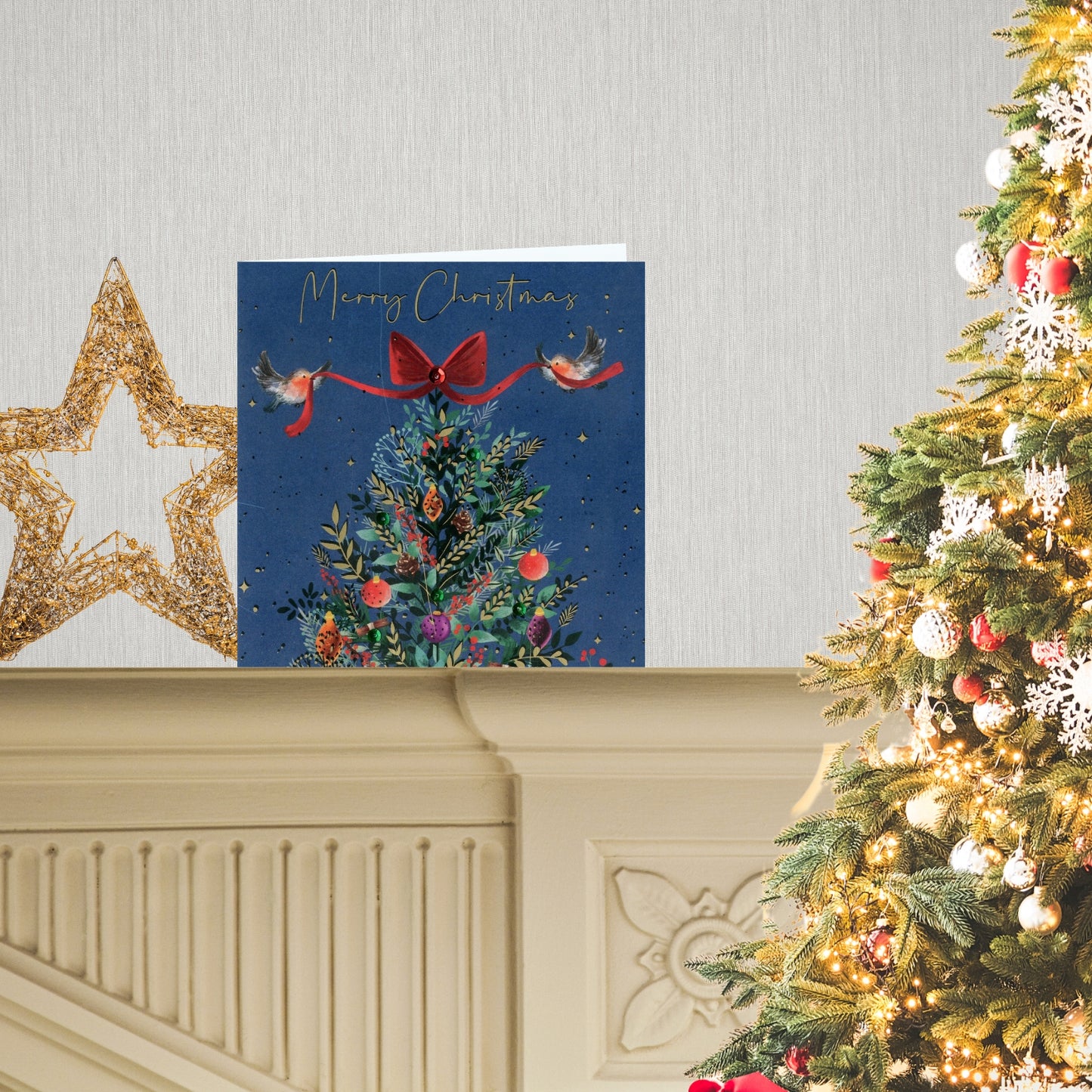 Sparkle Xmas Tree & Robins Embellished Hand-Finished Christmas Greeting Card